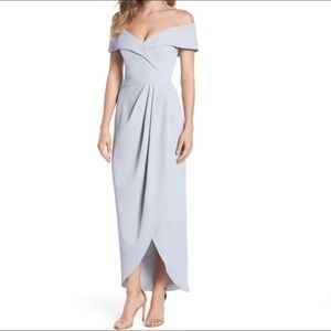 Xscape Off Shoulder Grey/Blue Tulip HiLow Dress